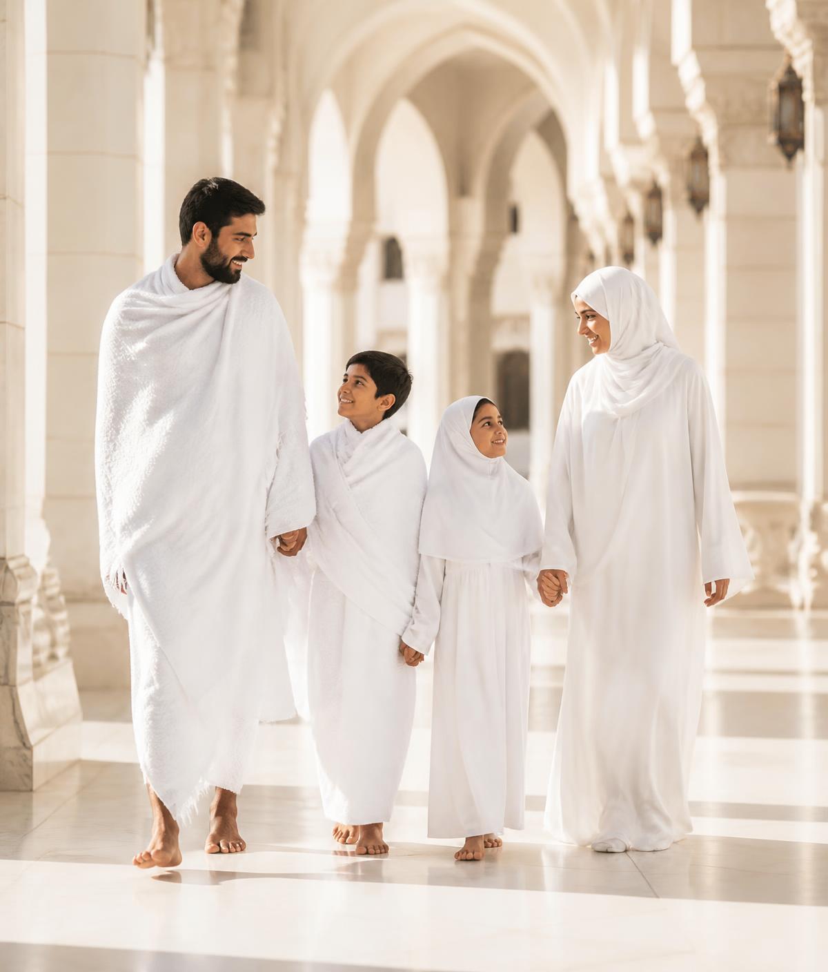 A family in ihram walking through a sunlit marble colonnade