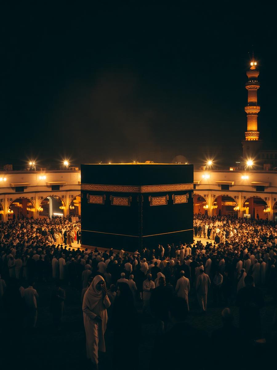 Pilgrims performing tawaf around the Kaaba at night