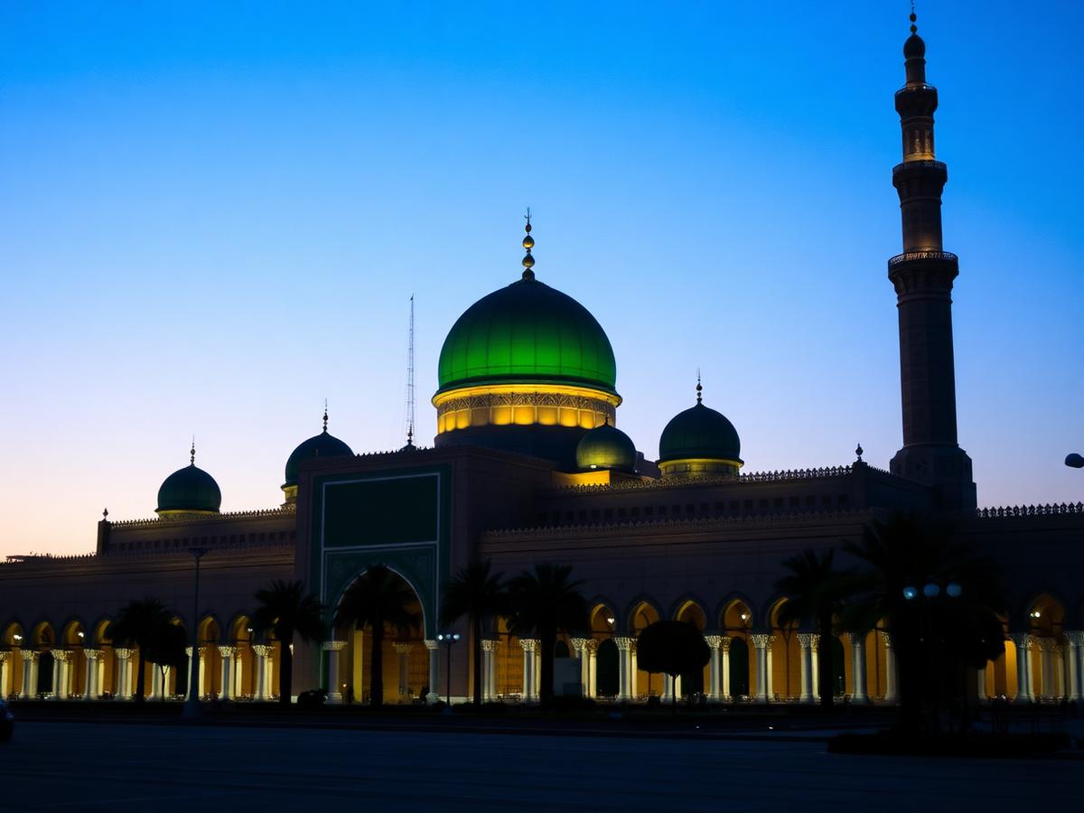 The green dome of the Prophet's Mosque in Madinah at blue hour