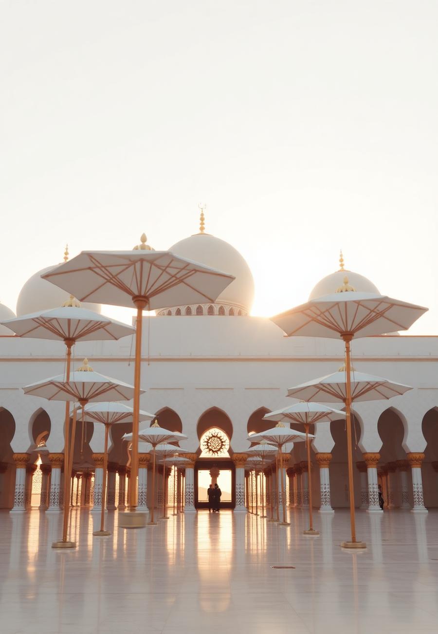 Courtyard umbrellas of the Prophet's Mosque opening at sunrise
