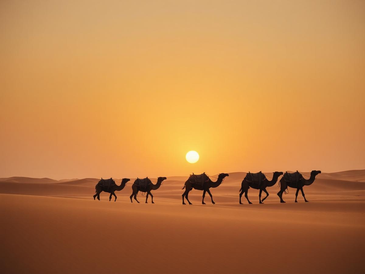 Camel caravan crossing desert dunes at golden hour