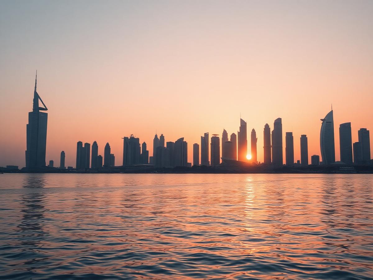 Dubai skyline at sunset seen across the water