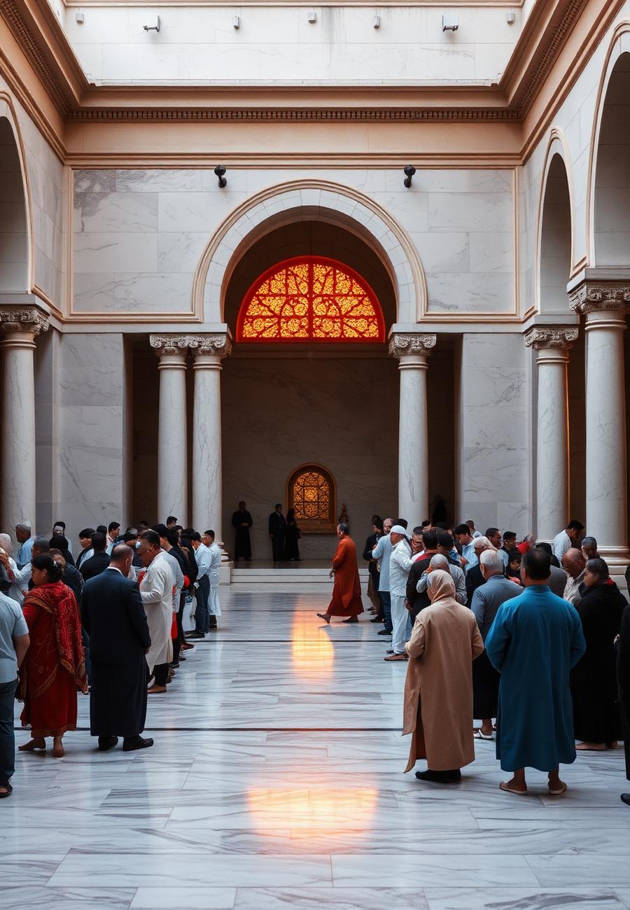 Pilgrims gathered in a marble courtyard at dawn