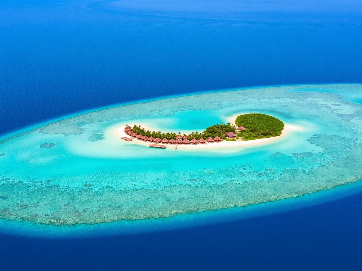 Aerial view of a tropical island resort and turquoise lagoon