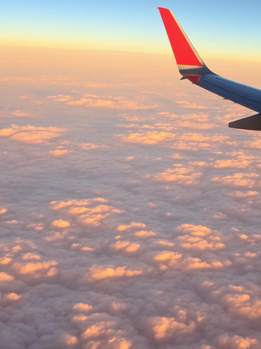 Aircraft wing above golden clouds at sunrise